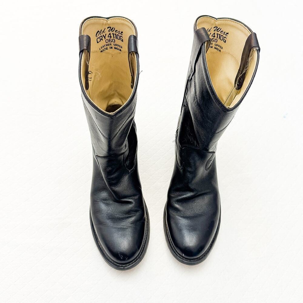 Old West Black Leather Roper Almond Toe Cowboy Boots CRY41106 Model Size 6